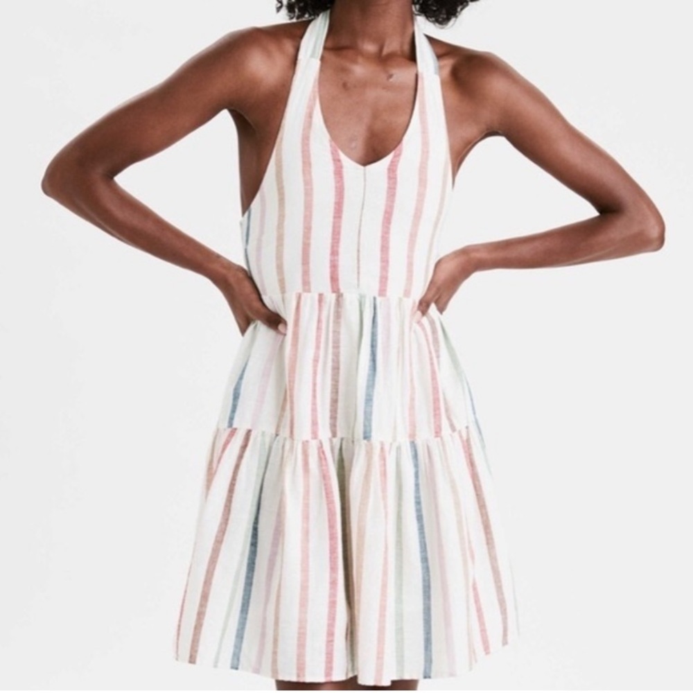 American Eagle Linen Striped Halter Top Tiered Dress with Pockets
